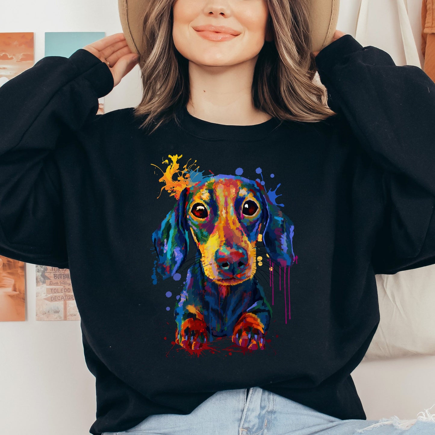 Artistic Dachshund dog Unisex Crewneck Sweatshirt digital Art-Black-Family-Gift-Planet