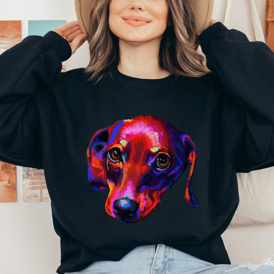 Vibrant colors digital Dachshund dog Unisex Crewneck Sweatshirt-Black-Family-Gift-Planet