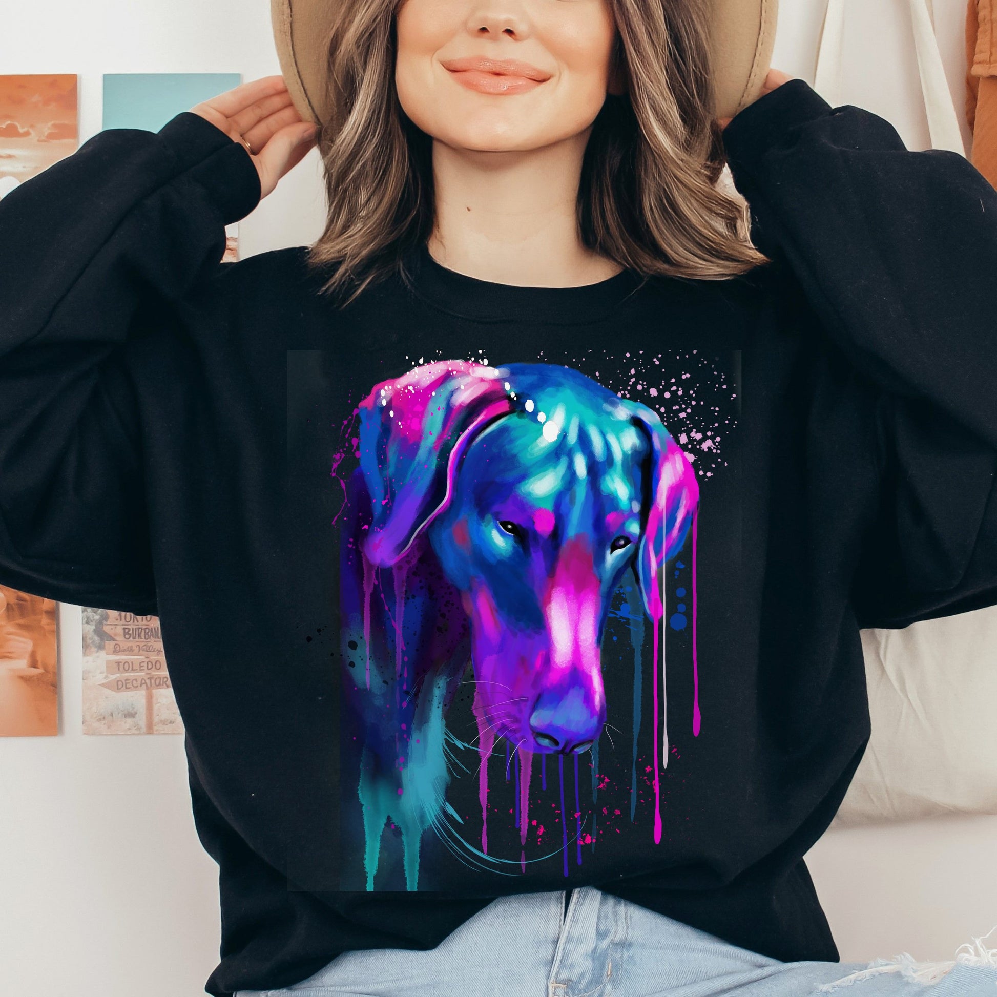 Neon pink and purple Splash Art Doberman dog Unisex Crewneck Sweatshirt-Black-Family-Gift-Planet