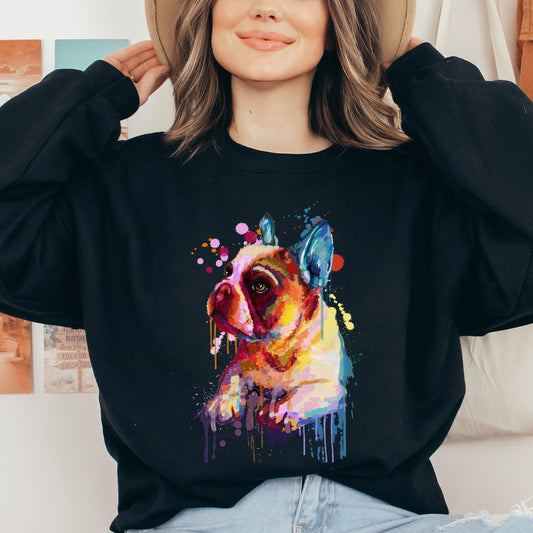 Abstract French bulldog dog Unisex Crewneck Sweatshirt with expressive splashes-Black-Family-Gift-Planet