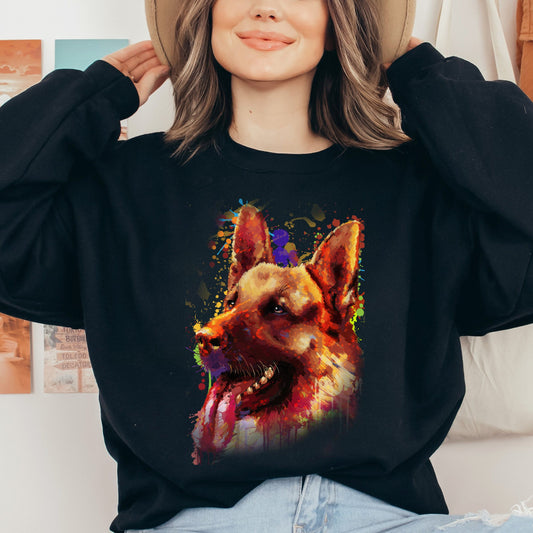 Abstract German shepherd dog Unisex Crewneck Sweatshirt with expressive splashes-Black-Family-Gift-Planet