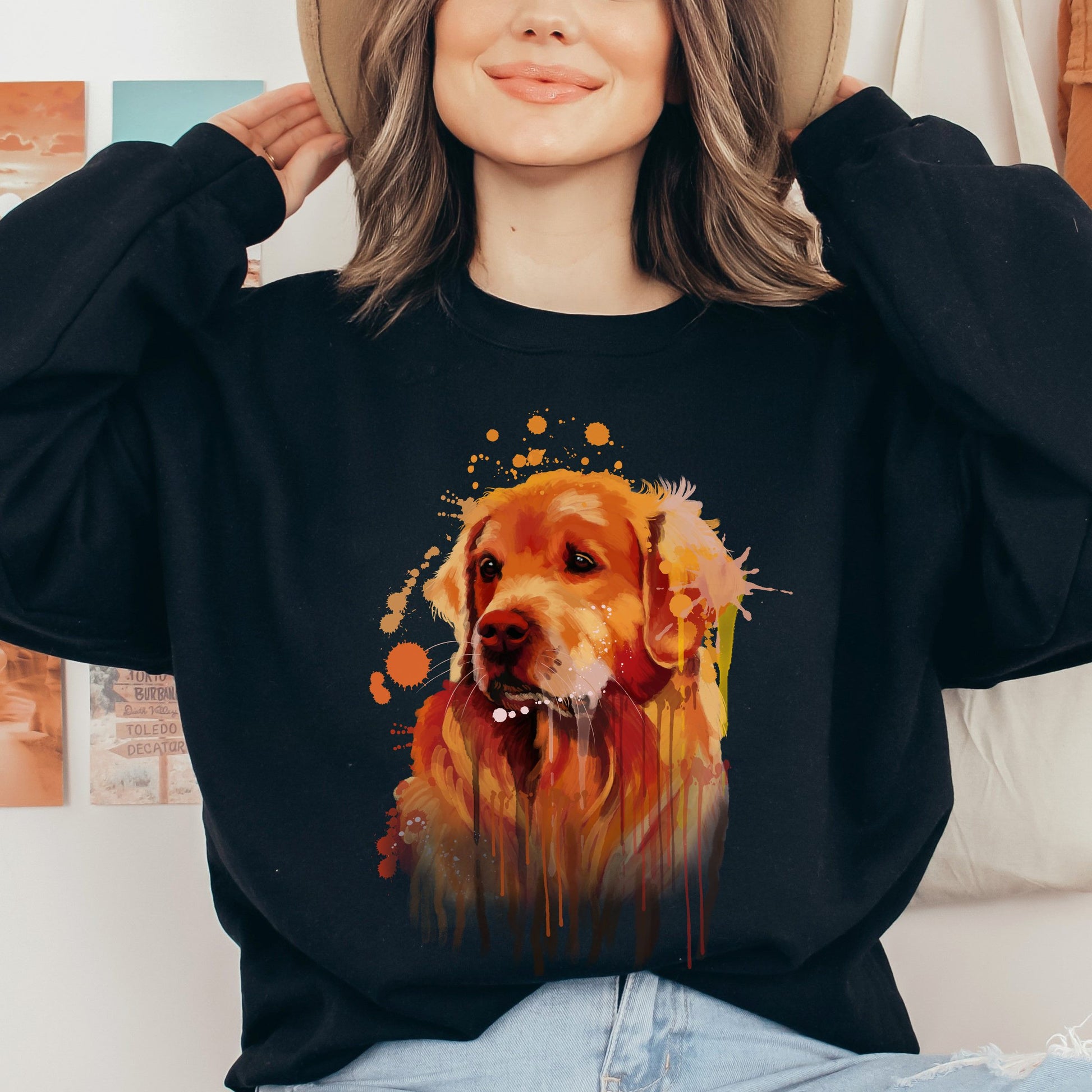 Abstract Golden retriever dog Unisex Crewneck Sweatshirt with expressive splashes-Black-Family-Gift-Planet