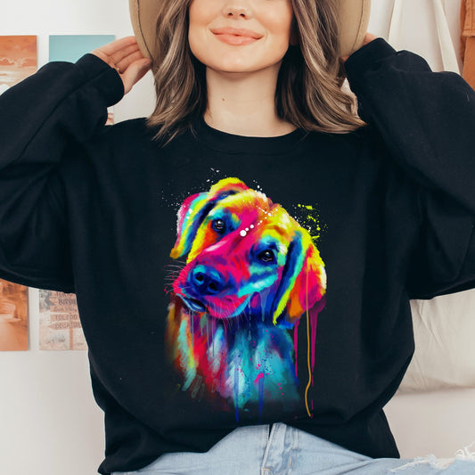 Neon Splash Art Golden retriever dog Unisex Crewneck Sweatshirt-Black-Family-Gift-Planet