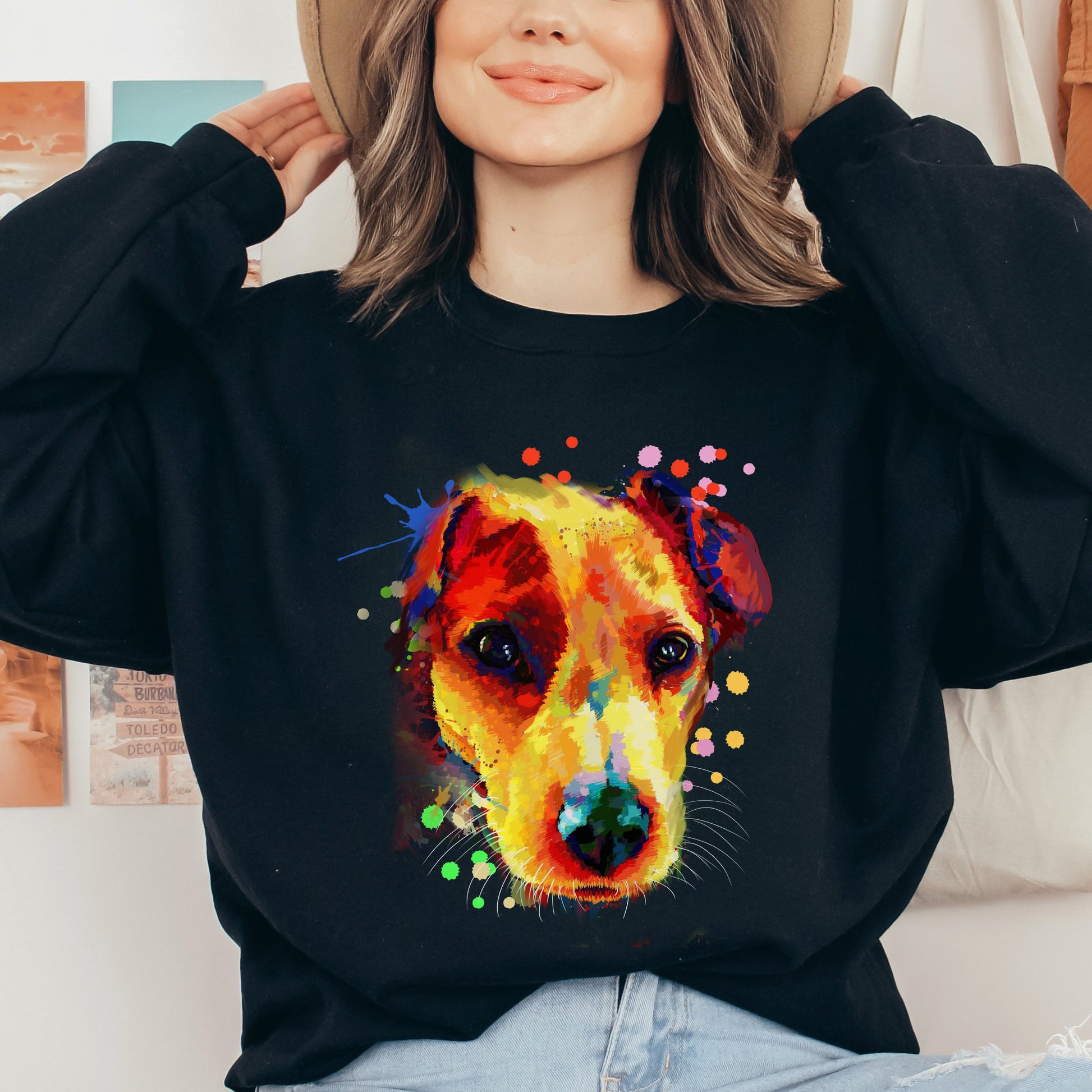 Artistic Jack Russell dog Unisex Crewneck Sweatshirt digital Art-Black-Family-Gift-Planet