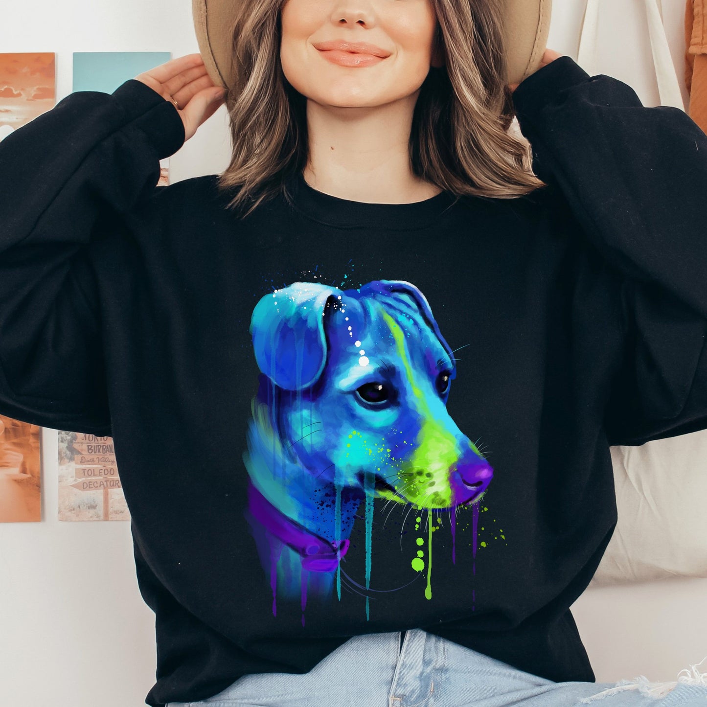 Abstract Jack Russell dog Unisex Crewneck Sweatshirt with expressive splashes-Black-Family-Gift-Planet