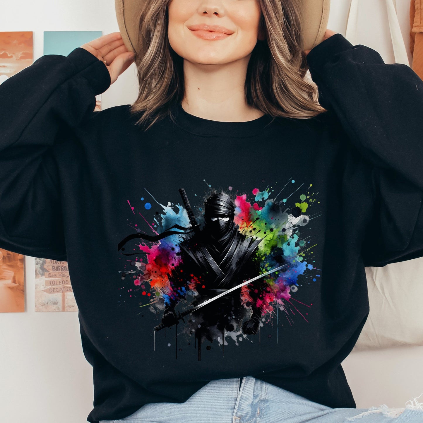 Ninja Color Splash Unisex Sweatshirt Ninja in the dark Black Navy Dark Heather-Black-Family-Gift-Planet