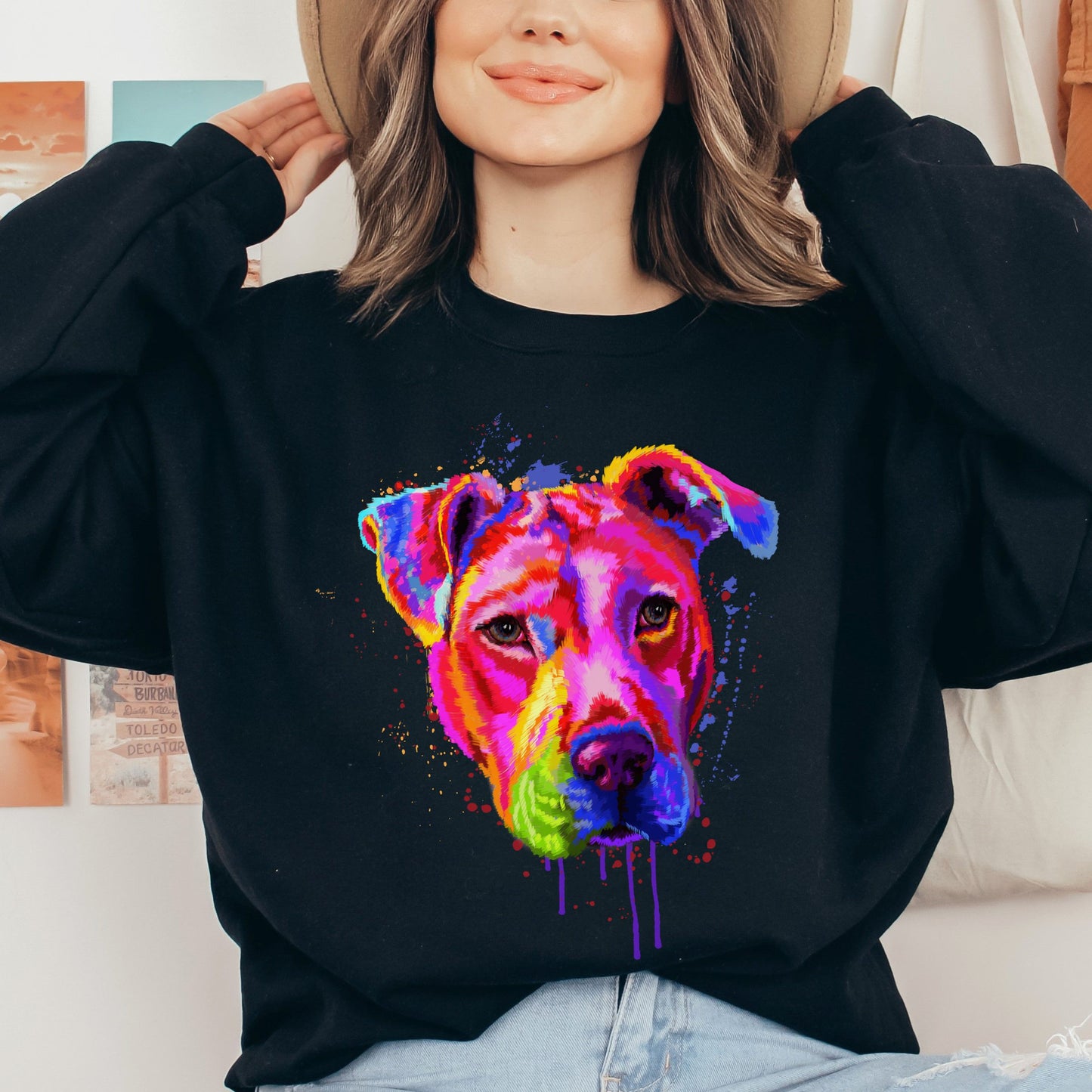 Splash colors Pitbull dog Unisex Crewneck Sweatshirt Abstract pet design-Black-Family-Gift-Planet