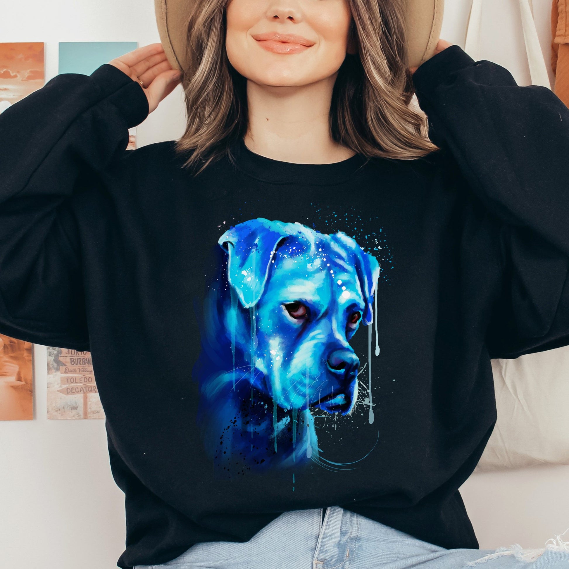 Neon blue Splash Art Pitbull dog Unisex Crewneck Sweatshirt-Black-Family-Gift-Planet