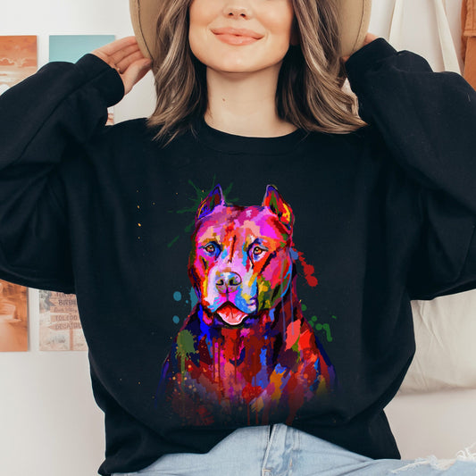 Neon pink Pitbull dog Unisex Crewneck Sweatshirt with expressive splashes-Black-Family-Gift-Planet