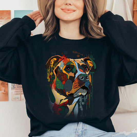 Vibrant digital Pitbull dog art Unisex Crewneck Sweatshirt black navy dark heather-Black-Family-Gift-Planet