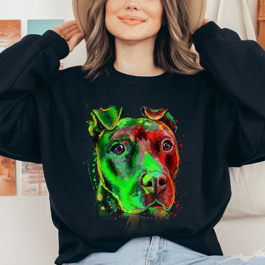 Neon green Splash Art Pitbull dog Unisex Crewneck Sweatshirt-Black-Family-Gift-Planet