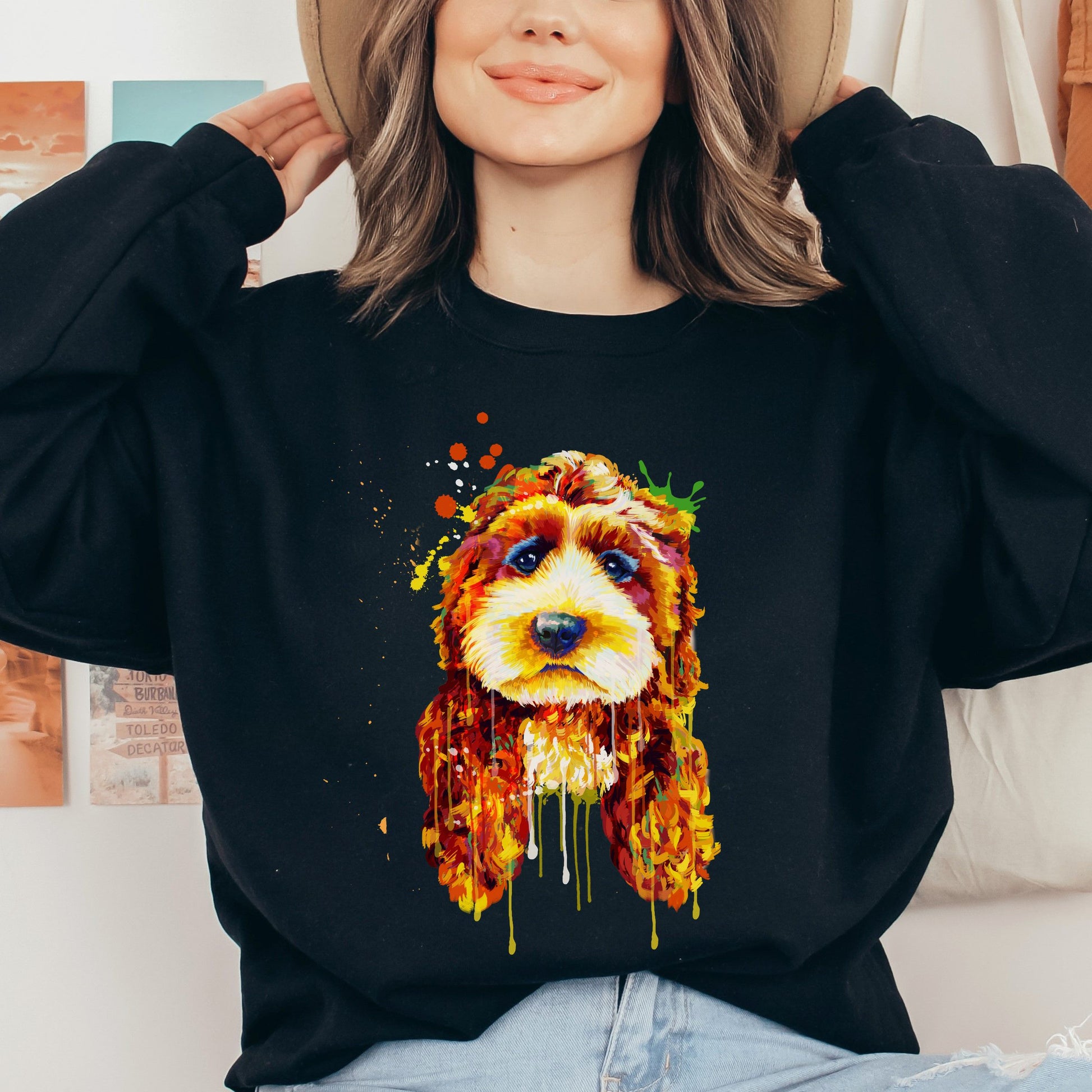 Artistic Poodle dog Unisex Crewneck Sweatshirt digital Art-Black-Family-Gift-Planet