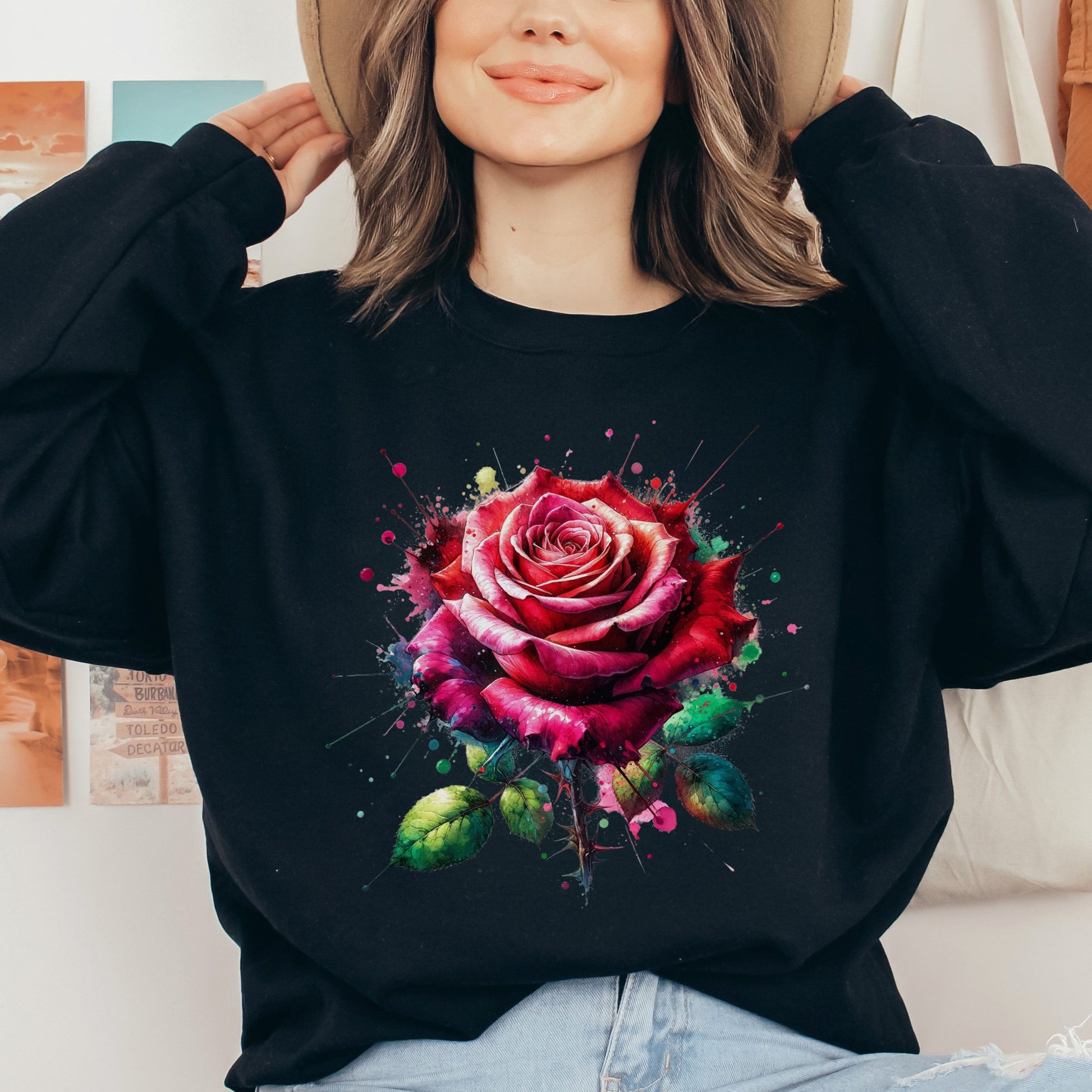 Artistic Rose Flower Color Splash Unisex Sweatshirt Black Navy Dark Heather-Black-Family-Gift-Planet