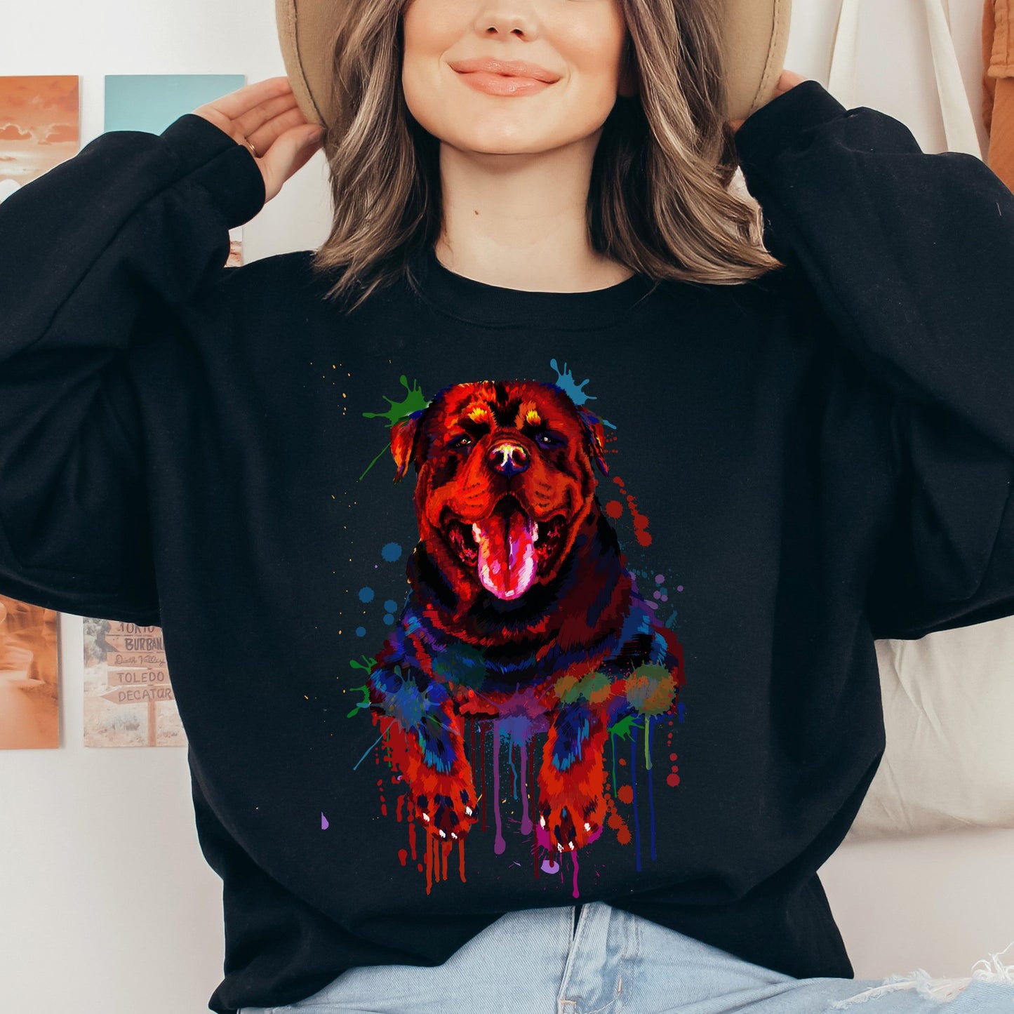 Abstract Rottweiler dog Unisex Crewneck Sweatshirt with expressive splashes-Black-Family-Gift-Planet