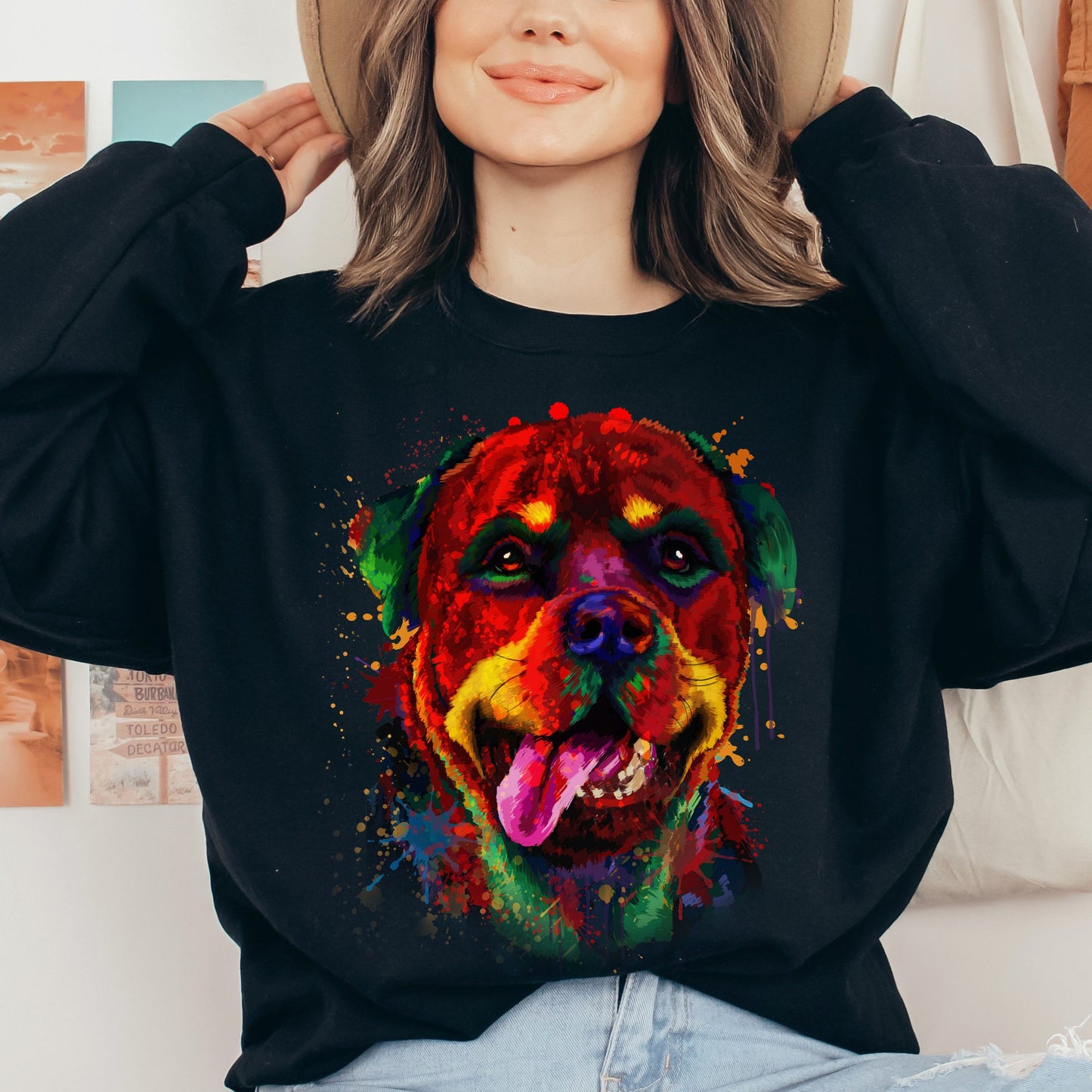 Artistic Rottweiler dog Unisex Crewneck Sweatshirt digital Art-Black-Family-Gift-Planet