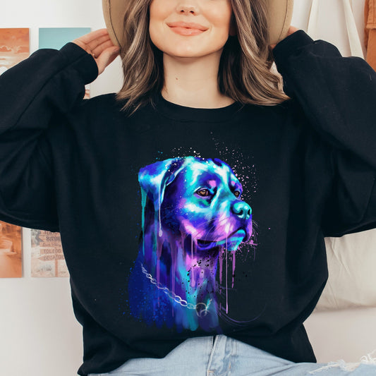 Neon blue Splash Art Rottweiler dog Unisex Crewneck Sweatshirt-Black-Family-Gift-Planet