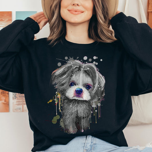 Abstract Shih Tzu dog Unisex Crewneck Sweatshirt with expressive splashes-Black-Family-Gift-Planet