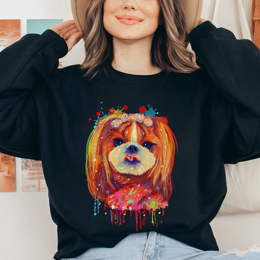 Cute Handdrawn Digital Art Shih Tzu dog Unisex Crewneck Sweatshirt-Black-Family-Gift-Planet