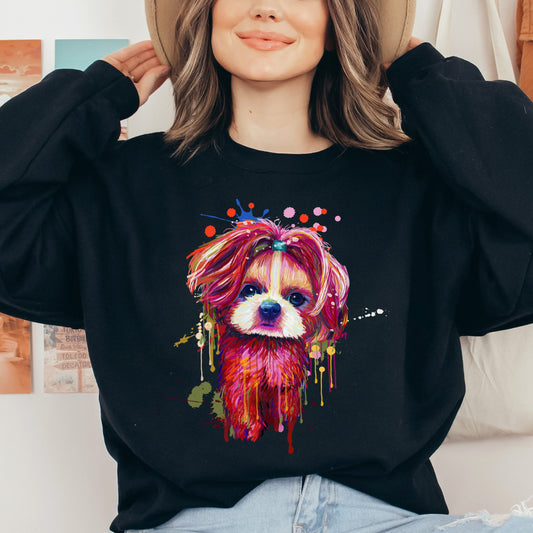 Digital Watercolor splash Shih Tzu dog Unisex Crewneck Sweatshirt black-Black-Family-Gift-Planet