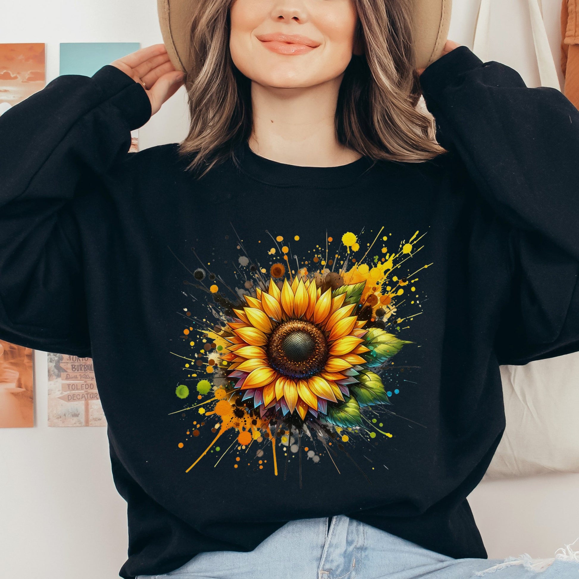 Artistic Sunflower Color Splash Unisex Sweatshirt Black Navy Dark Heather-Black-Family-Gift-Planet