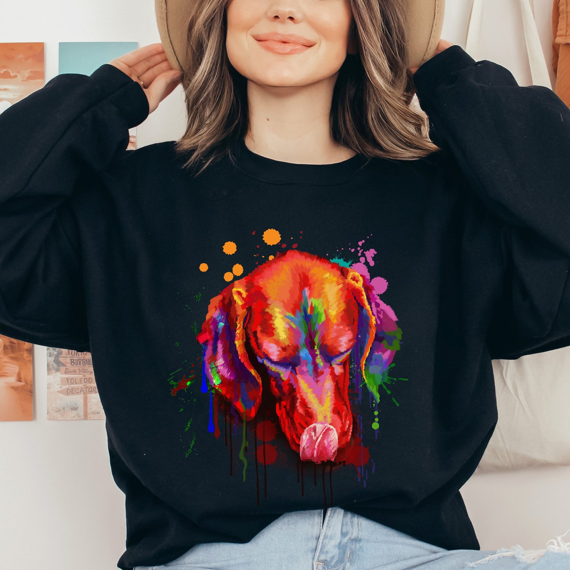 Cool Vibrant digital Vizsla dog Unisex Crewneck Sweatshirt-Black-Family-Gift-Planet