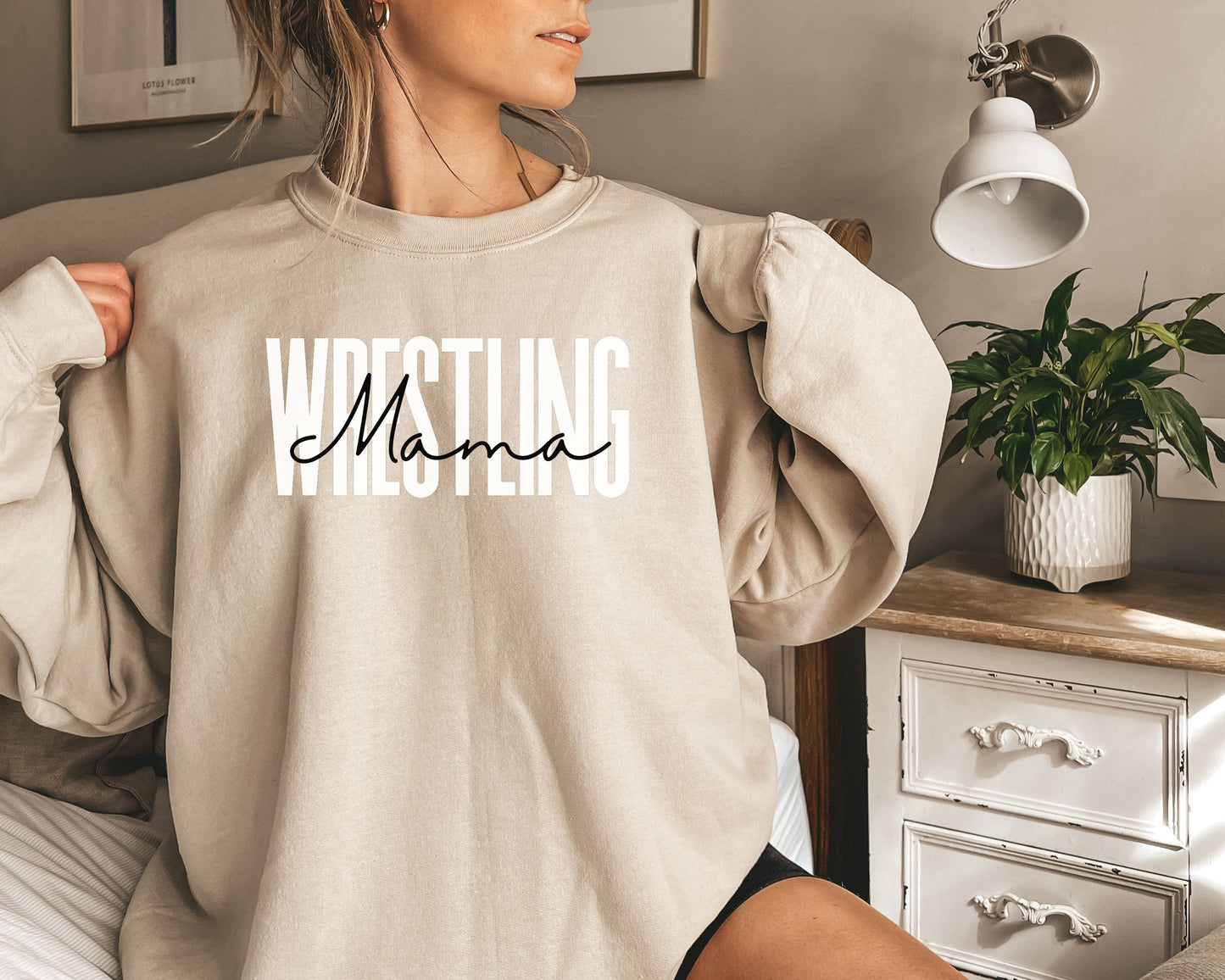 Wrestling mama Unisex Sweatshirt Crewneck Sand S-2XL-Family-Gift-Planet