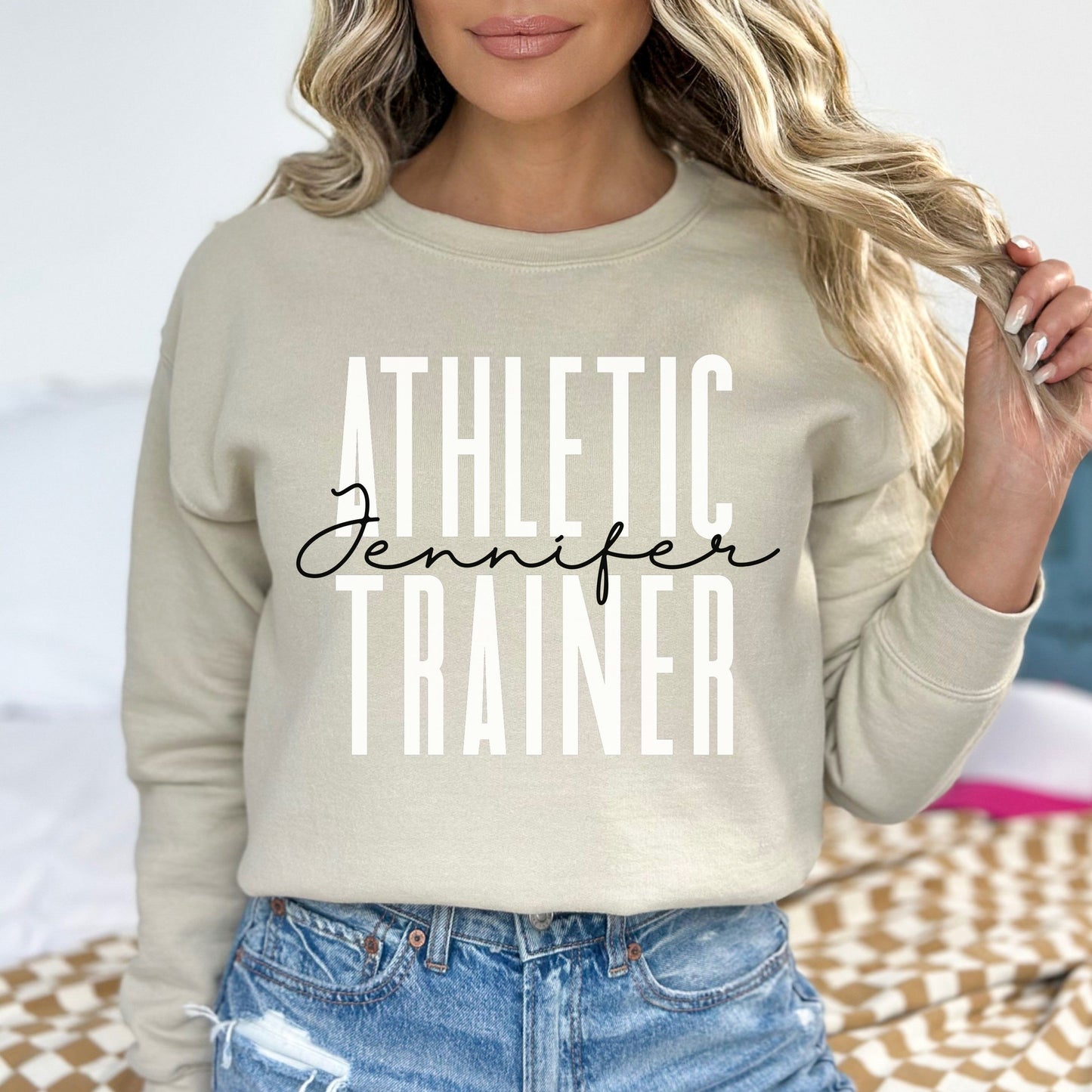 Personalized Athletic Trainer Unisex Sweatshirt Custom name AT Sand Black Dark Heather-Sand-Family-Gift-Planet