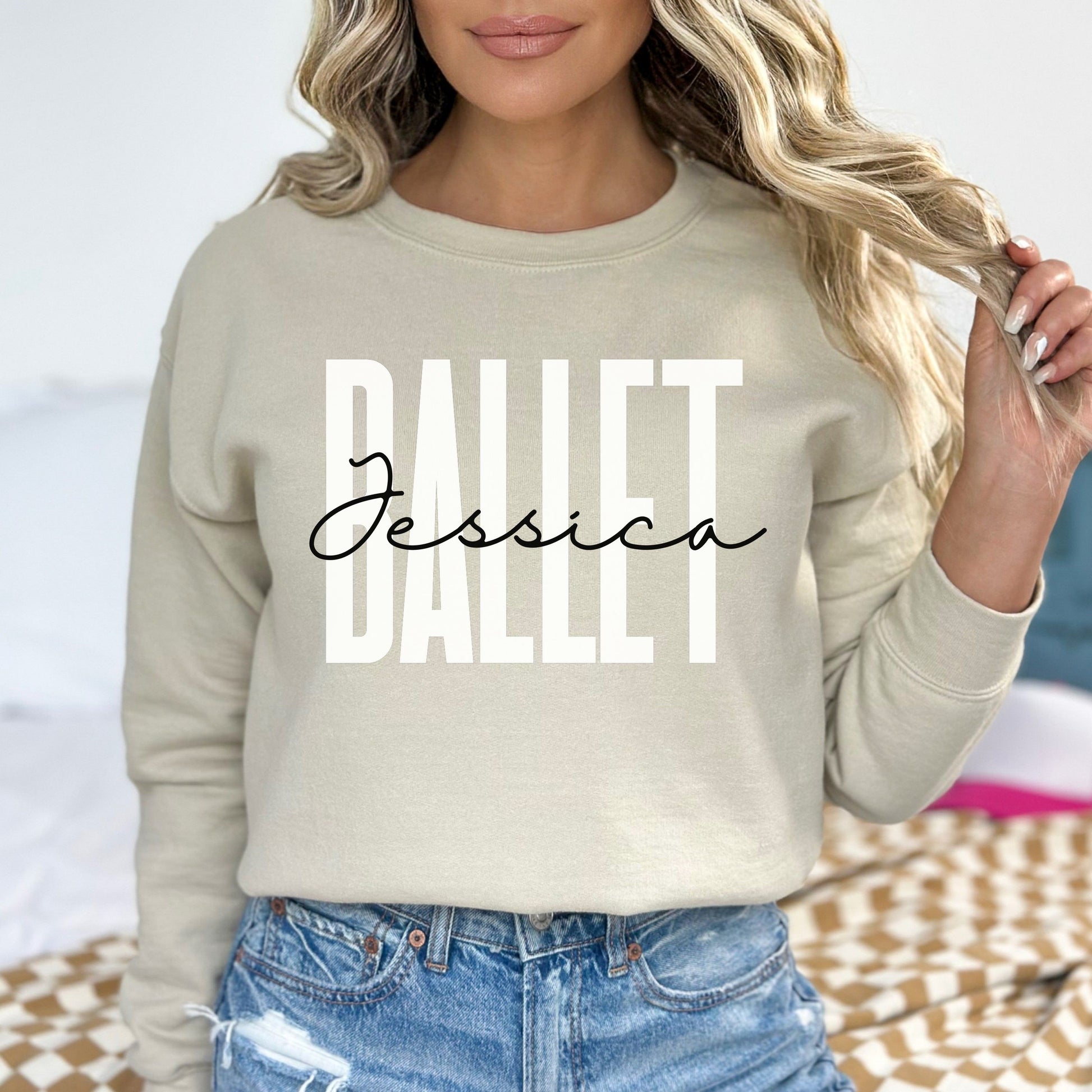Personalized Ballet Unisex Sweatshirt Custom name ballerina Sand Black Dark Heather-Sand-Family-Gift-Planet