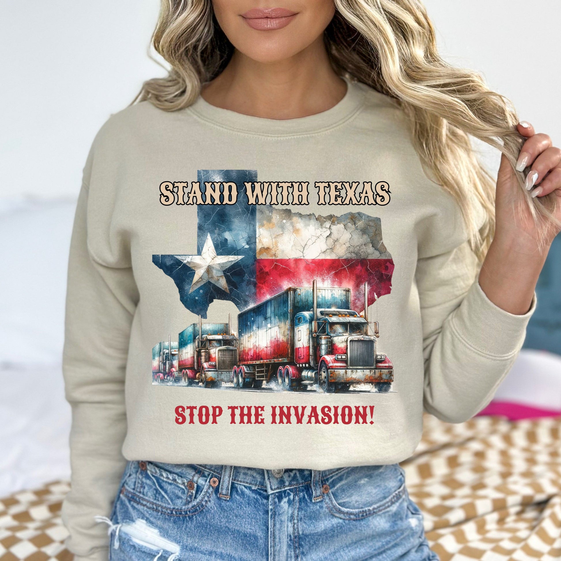 Stand with Texas Stop the invasion Unisex Sweatshirt border truck Texas black-Sand-Family-Gift-Planet