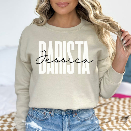 Personalized Barista Unisex Sweatshirt Custom name coffee shop Sand Black Dark Heather-Sand-Family-Gift-Planet