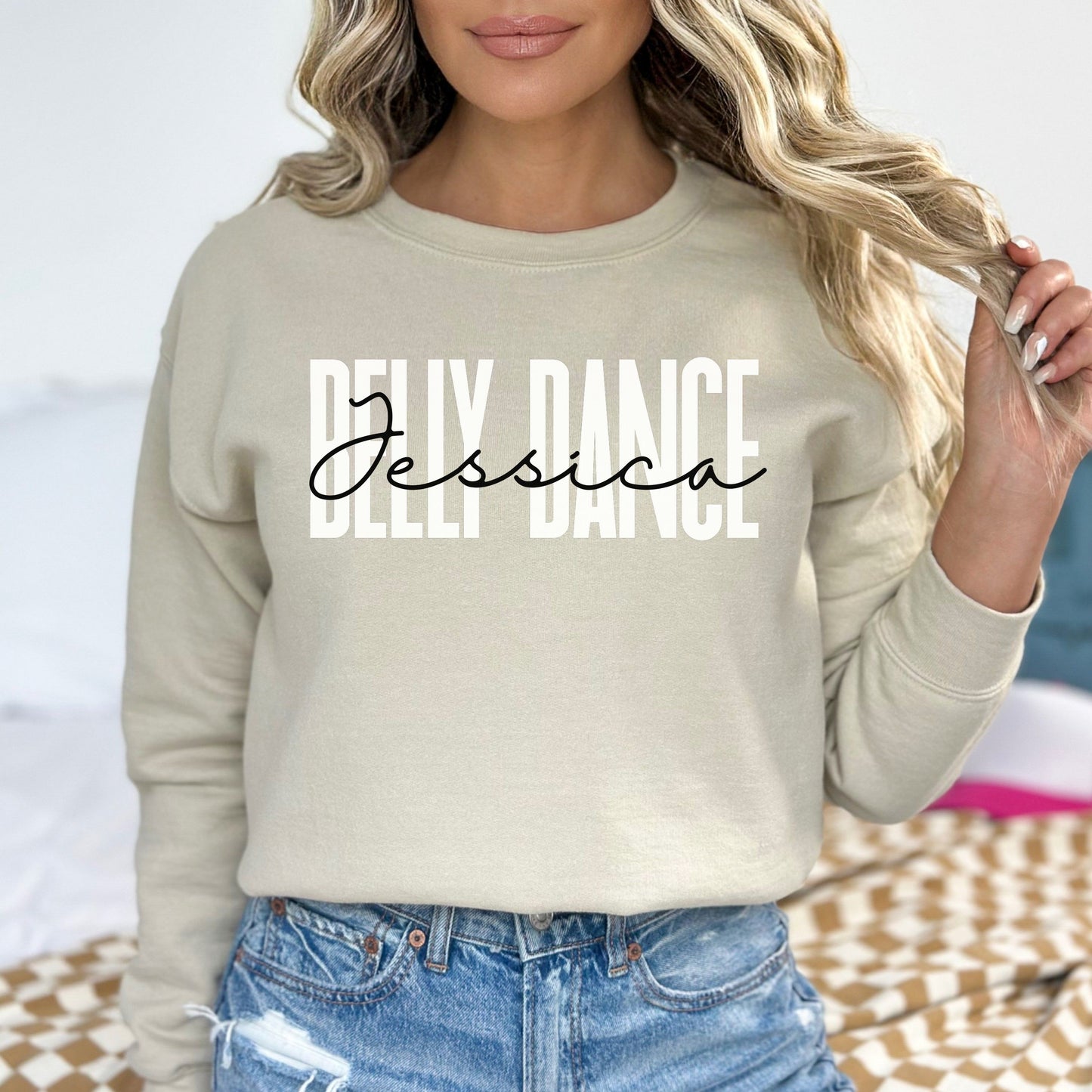 Personalized Belly dance Unisex Sweatshirt Custom name belly dancer Sand Black Dark Heather-Sand-Family-Gift-Planet