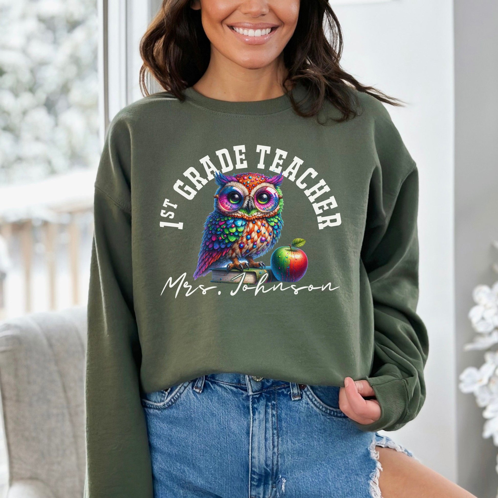 1st grade teacher funny Personalized Unisex Sweatshirt Custom First grade Sand-Military Green-Family-Gift-Planet