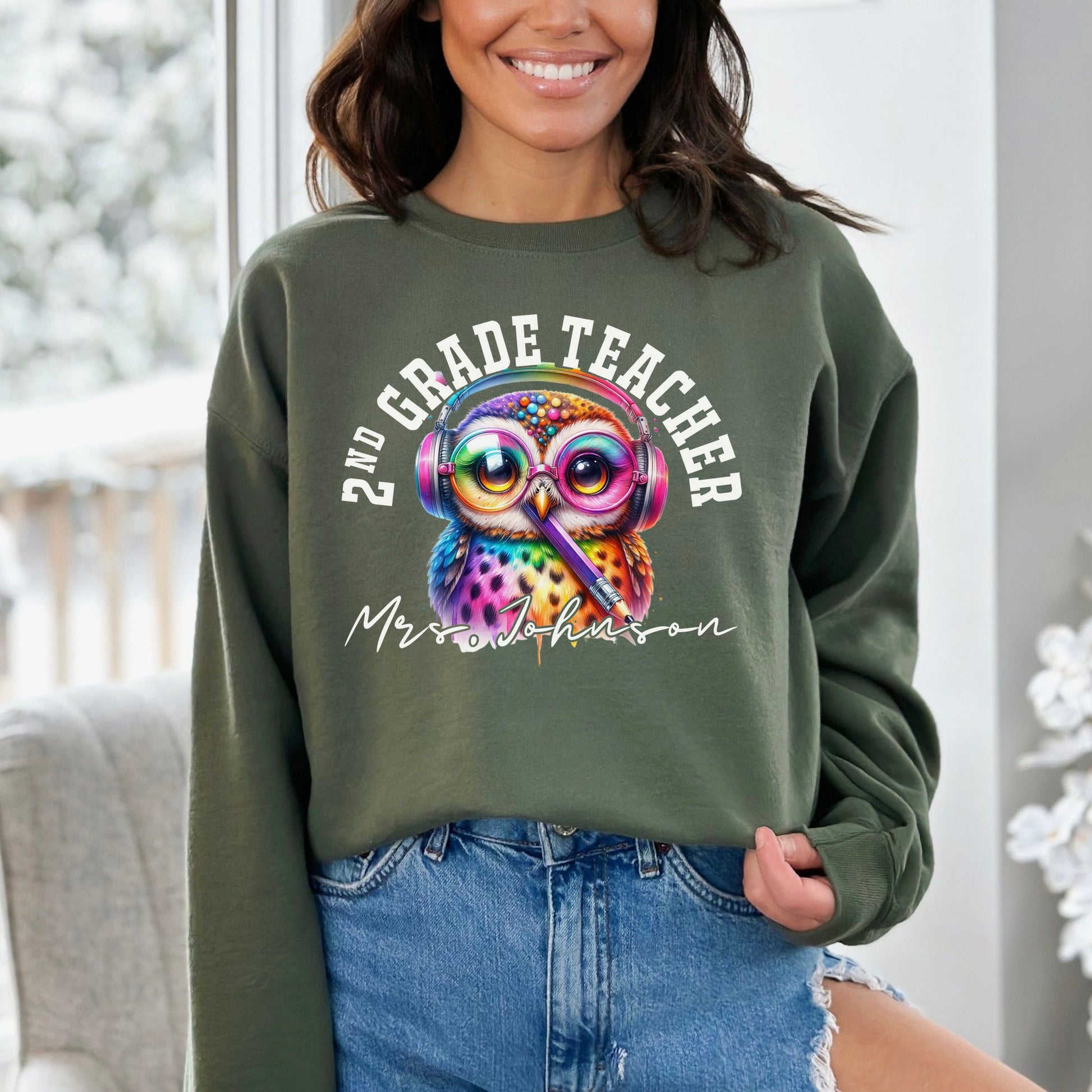 2nd grade teacher funny Personalized Unisex Sweatshirt Custom Second grade Black-Military Green-Family-Gift-Planet