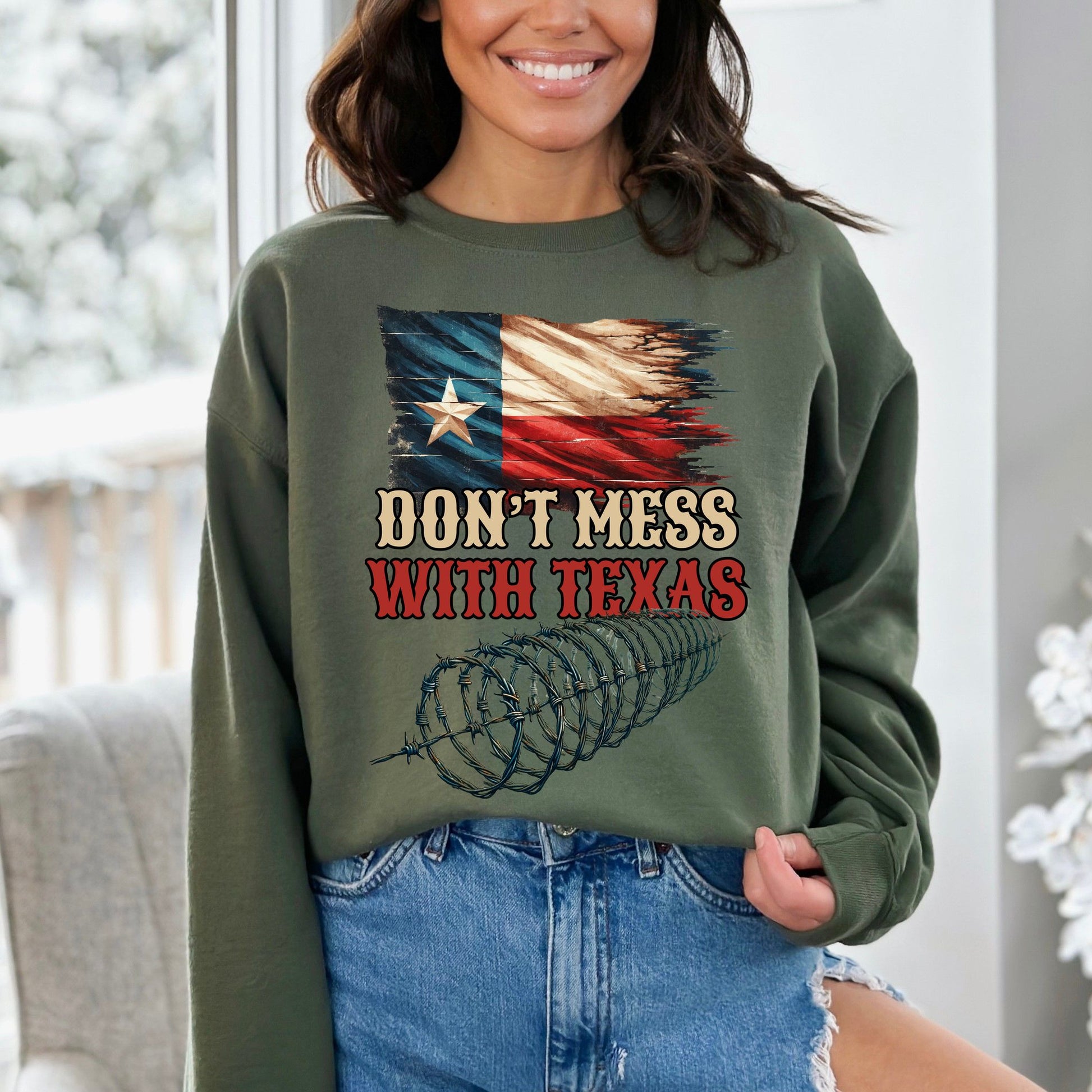 Don't Mess with Texas Unisex Sweatshirt border truck Texas black-Military Green-Family-Gift-Planet