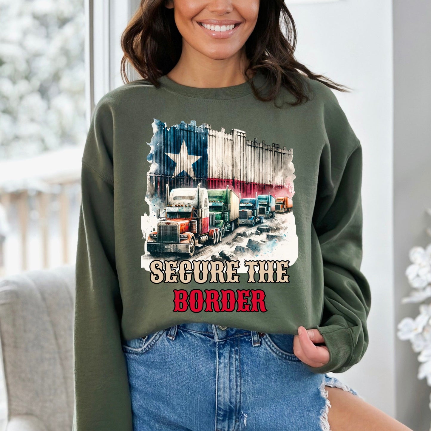 Secure the border Unisex Sweatshirt border truck Texas black-Military Green-Family-Gift-Planet