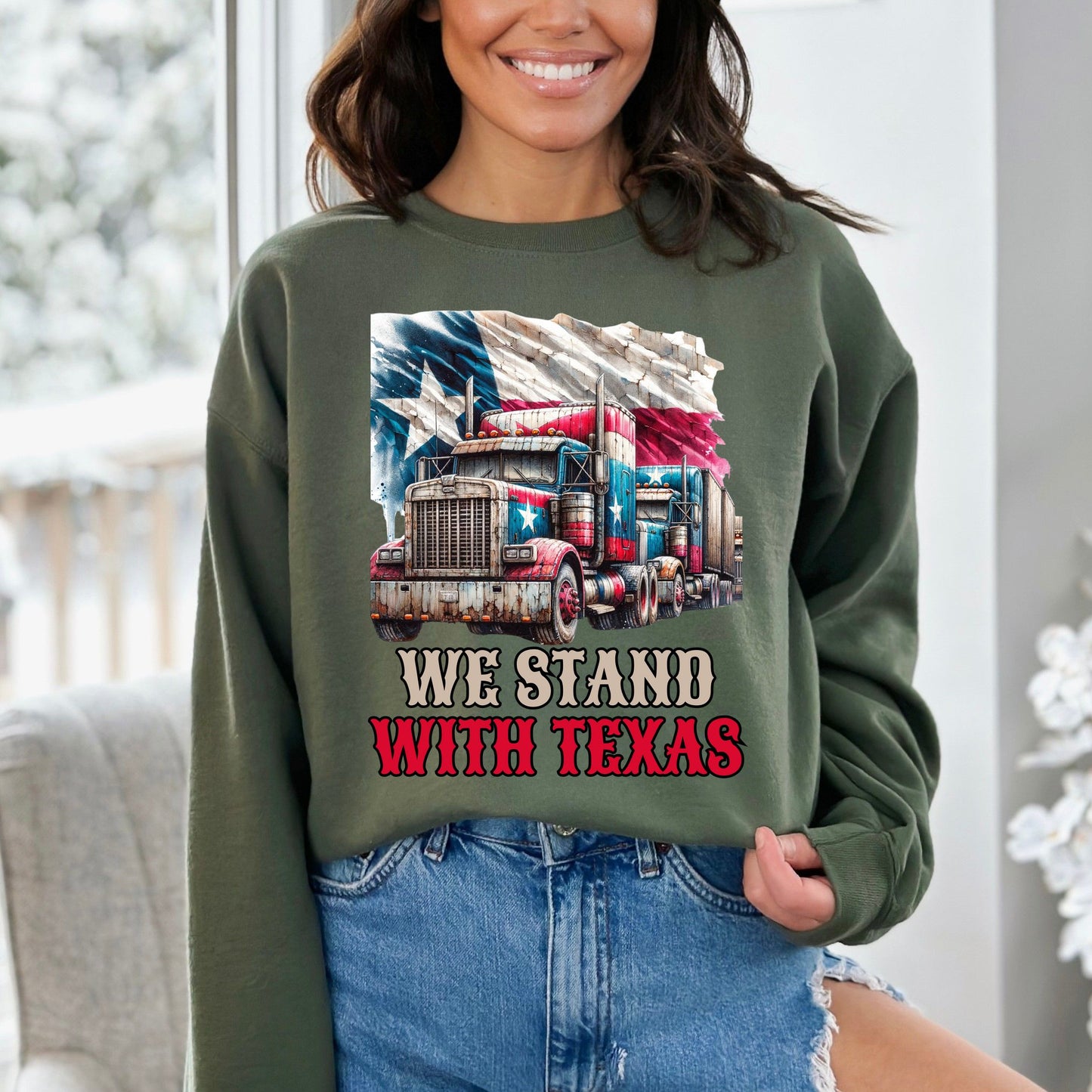 We stand with Texas Unisex Sweatshirt border truck Texas black-Military Green-Family-Gift-Planet