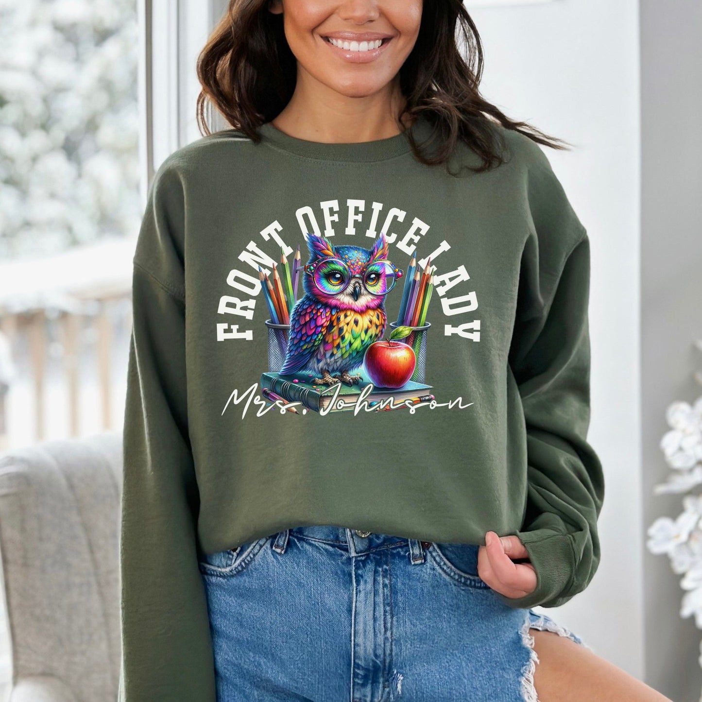 Front office lady funny Personalized Unisex Sweatshirt Custom School administrator Black-Military Green-Family-Gift-Planet