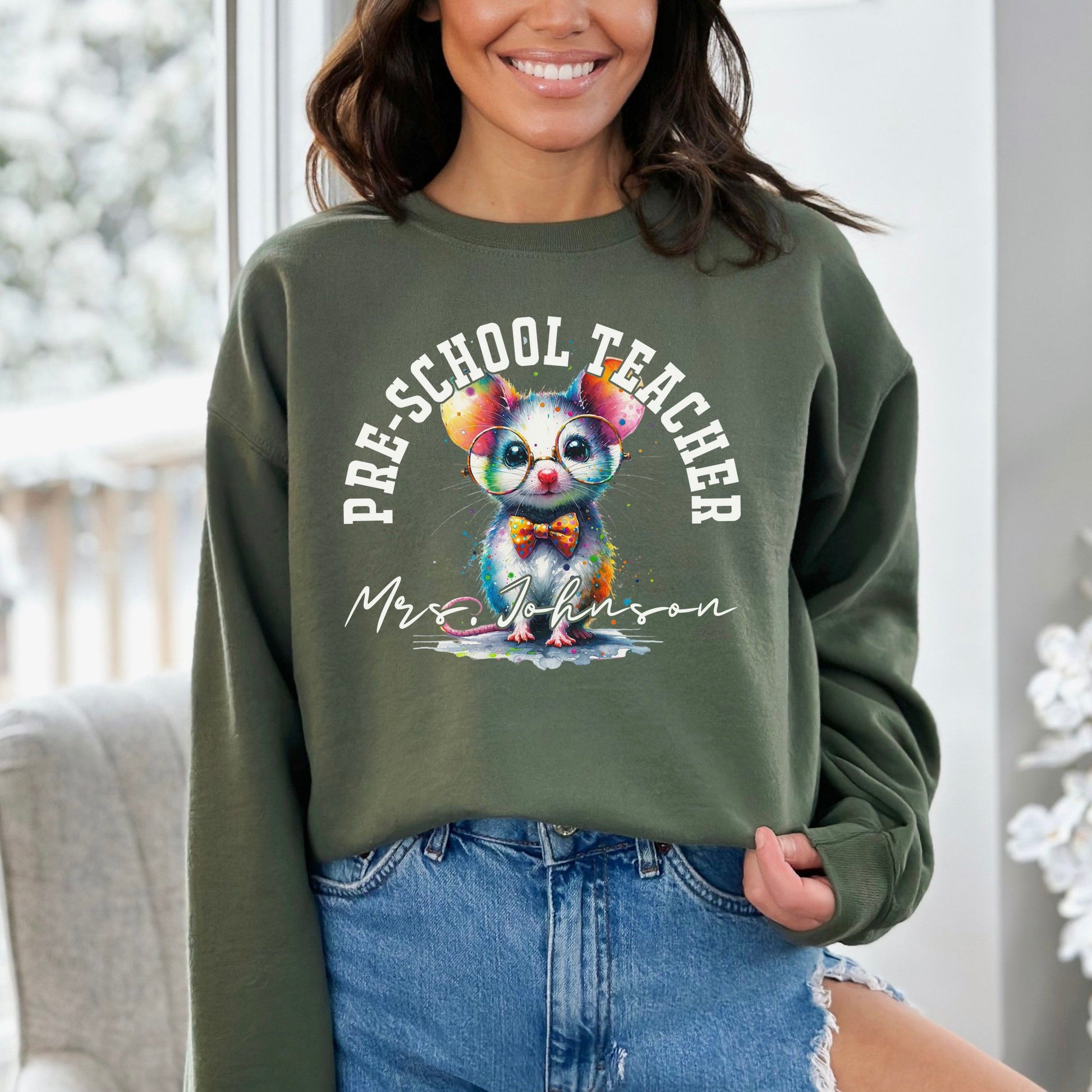 Pre-school teacher funny Personalized Unisex Sweatshirt Custom Kindergarten teacher Black-Military Green-Family-Gift-Planet