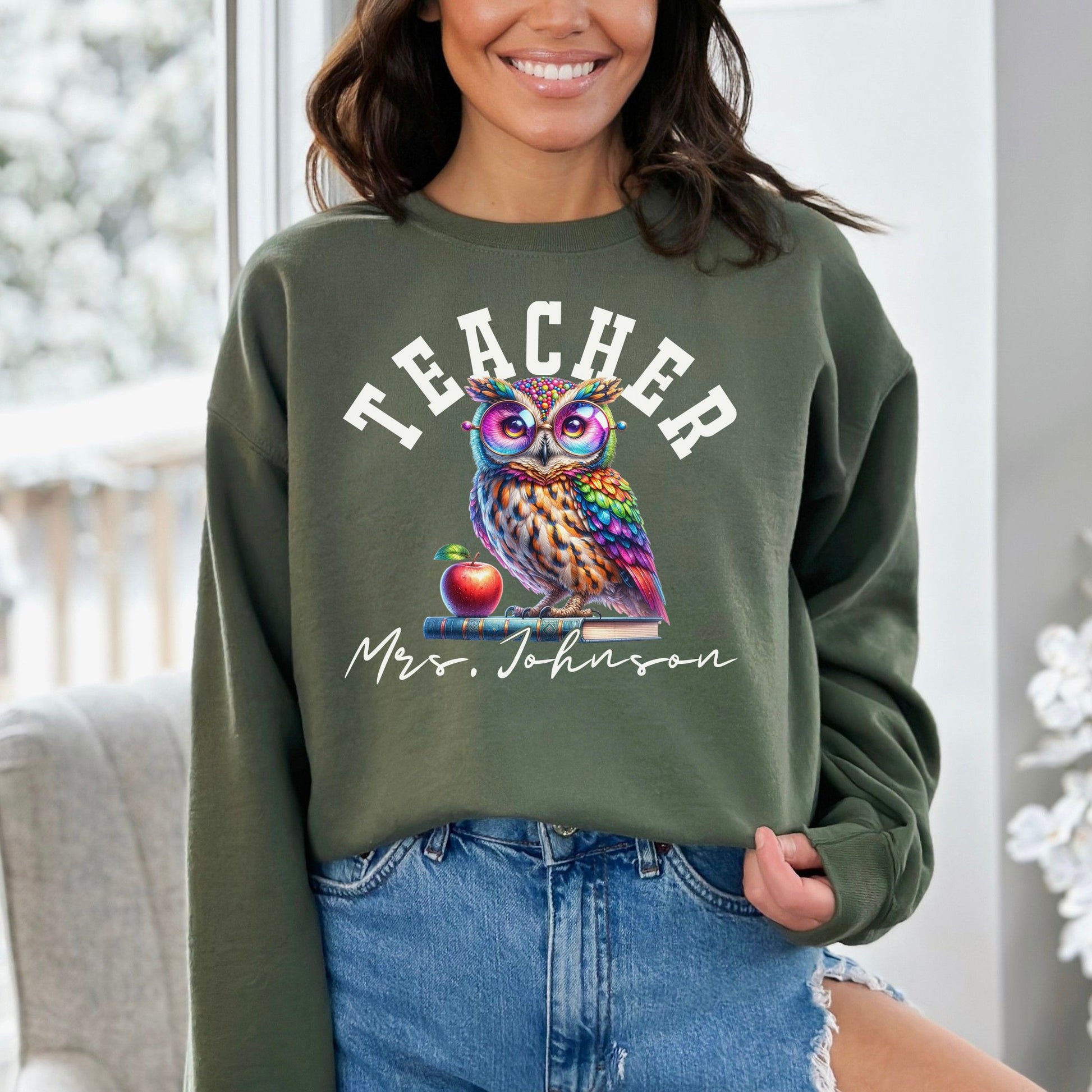 Teacher funny Personalized Unisex Sweatshirt Custom Elementary school teacher Black-Military Green-Family-Gift-Planet