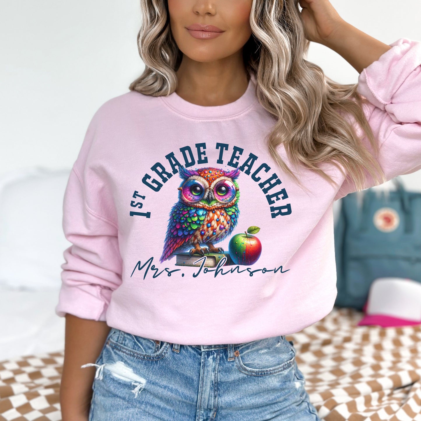 1st grade teacher funny Personalized Unisex Sweatshirt Custom First grade Sand-Light Pink-Family-Gift-Planet