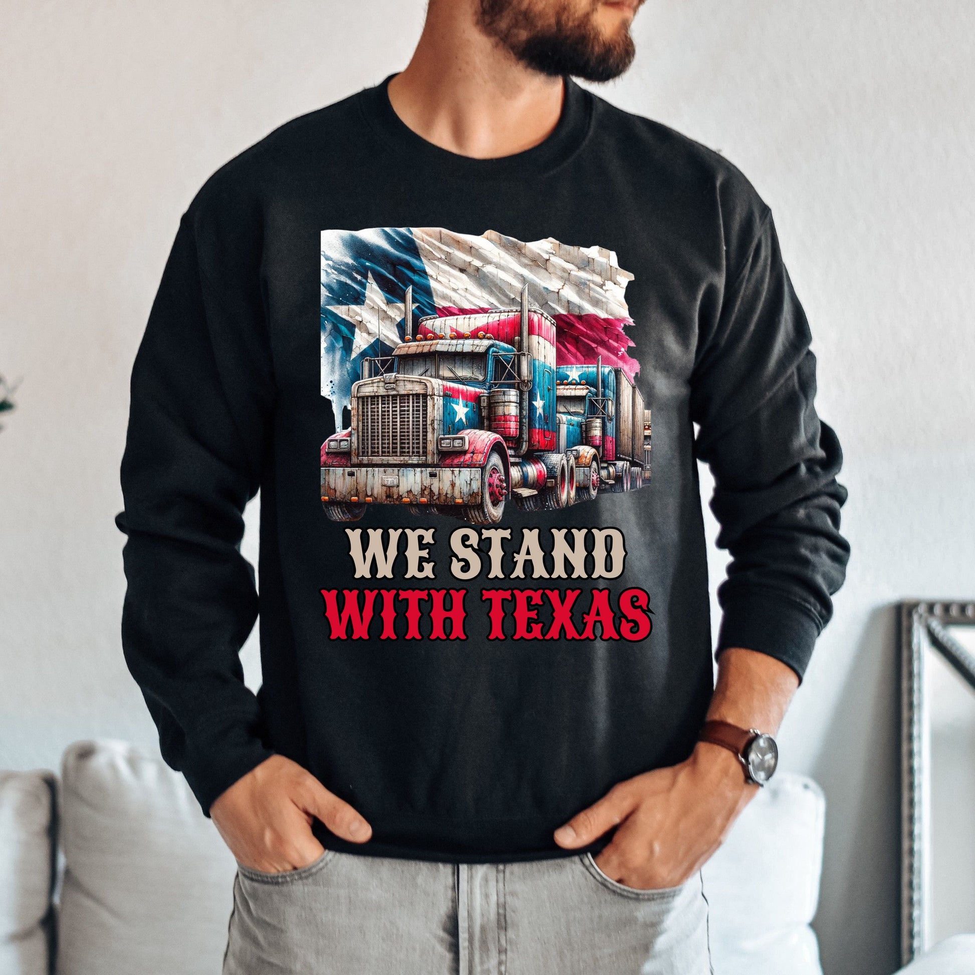 We stand with Texas Unisex Sweatshirt border truck Texas black-Black-Family-Gift-Planet