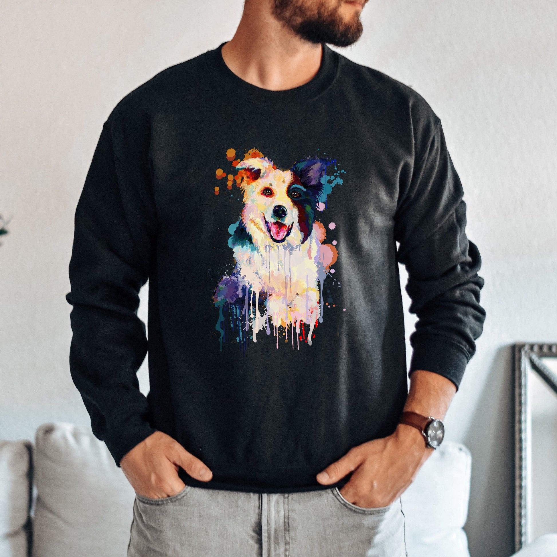 Abstract Border collie dog Unisex Crewneck Sweatshirt with expressive splashes-Family-Gift-Planet