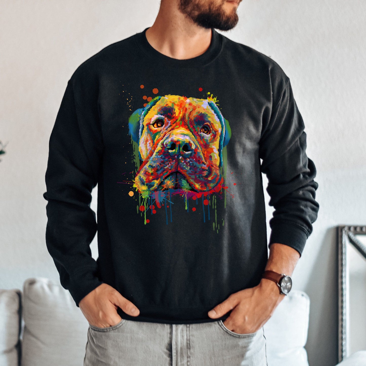 Abstract Bullmastiff dog Unisex Crewneck Sweatshirt with expressive splashes-Family-Gift-Planet