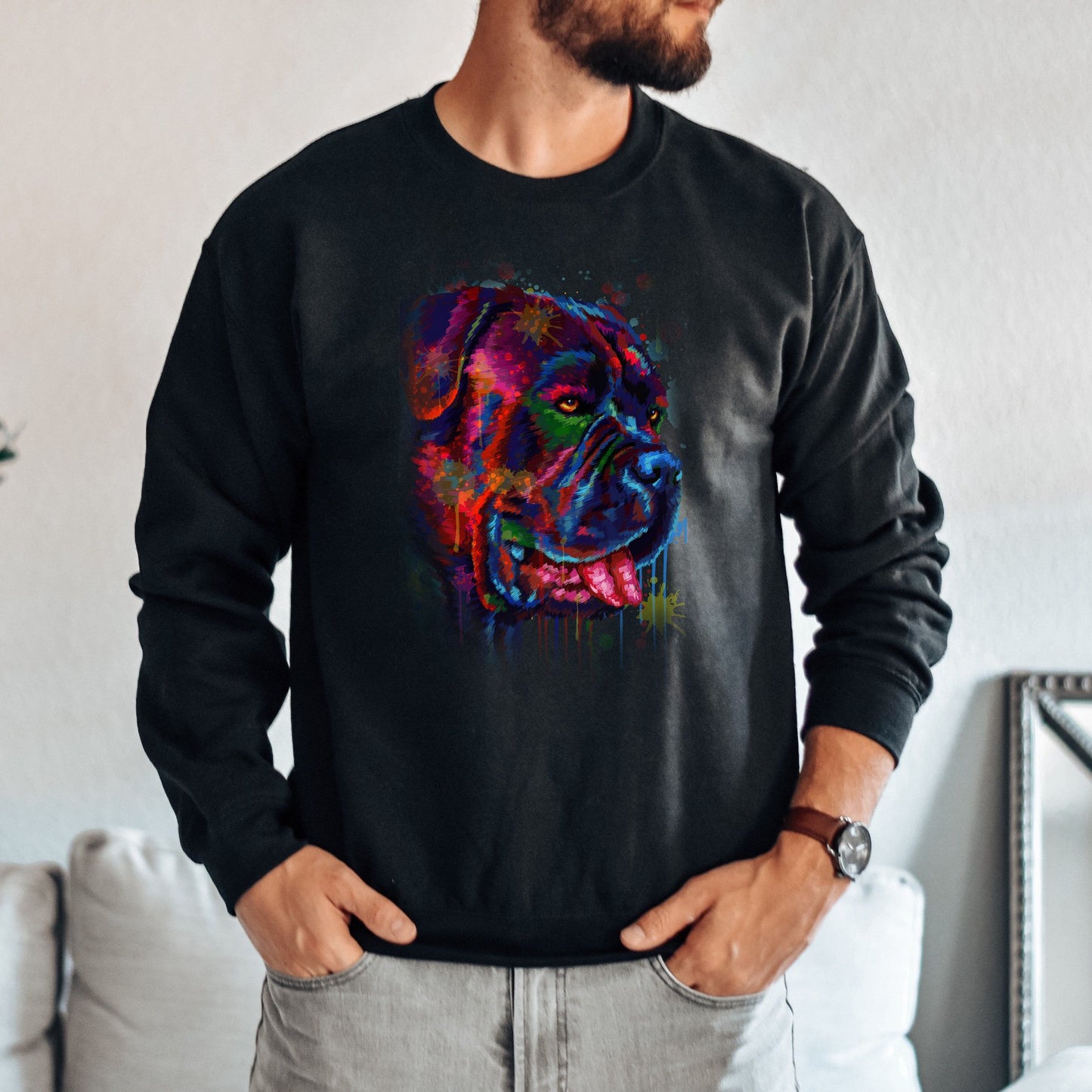 Vibrant digital Bullmastiff dog Art Unisex Crewneck Sweatshirt black navy dark heather-Family-Gift-Planet