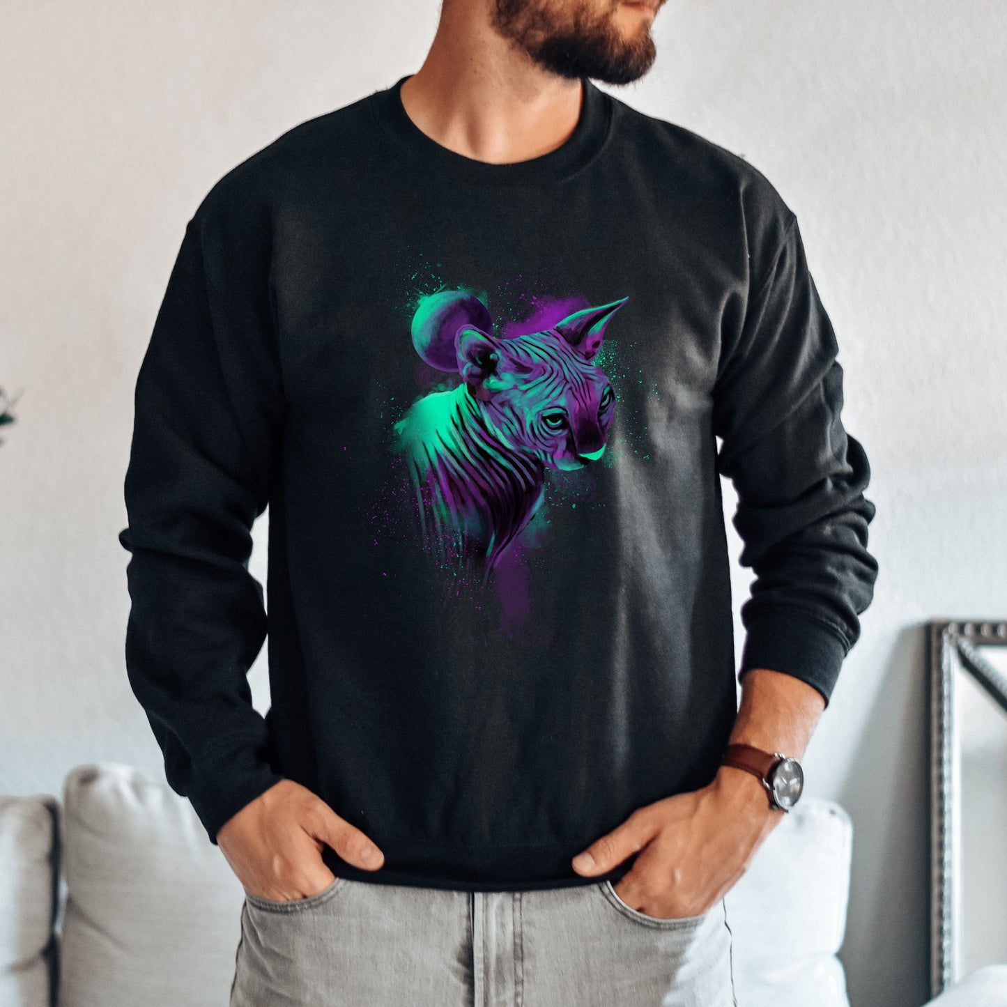 Neon green and purple Splash Art Cat Unisex Crewneck Sweatshirt-Family-Gift-Planet