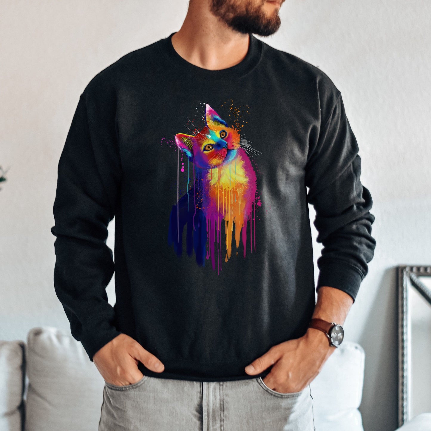 Splash color cat Unisex Crewneck Sweatshirt Abstract pet design-Family-Gift-Planet
