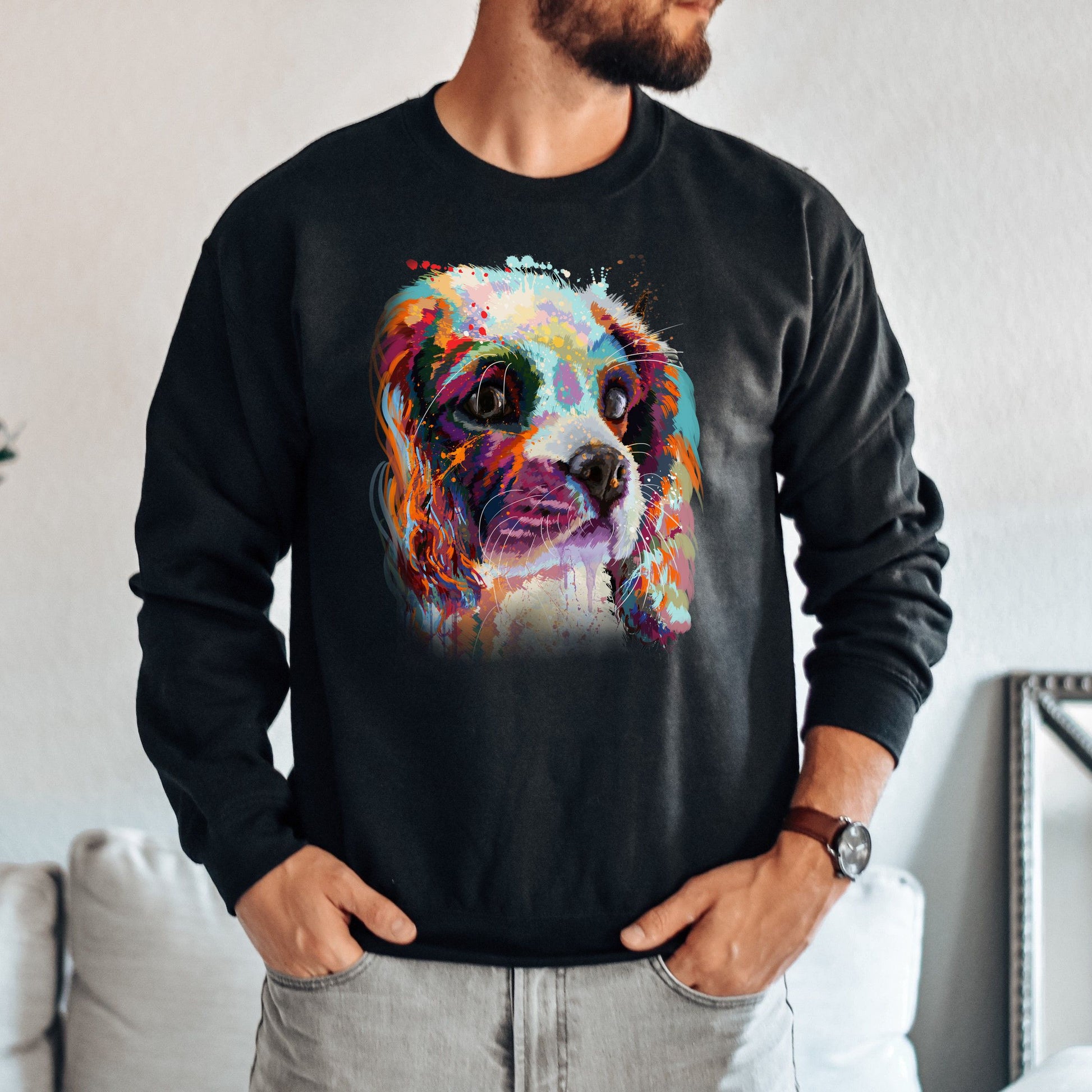 Hand drawn Digital Art Cavalier dog Unisex Crewneck Sweatshirt black navy dark heather-Family-Gift-Planet