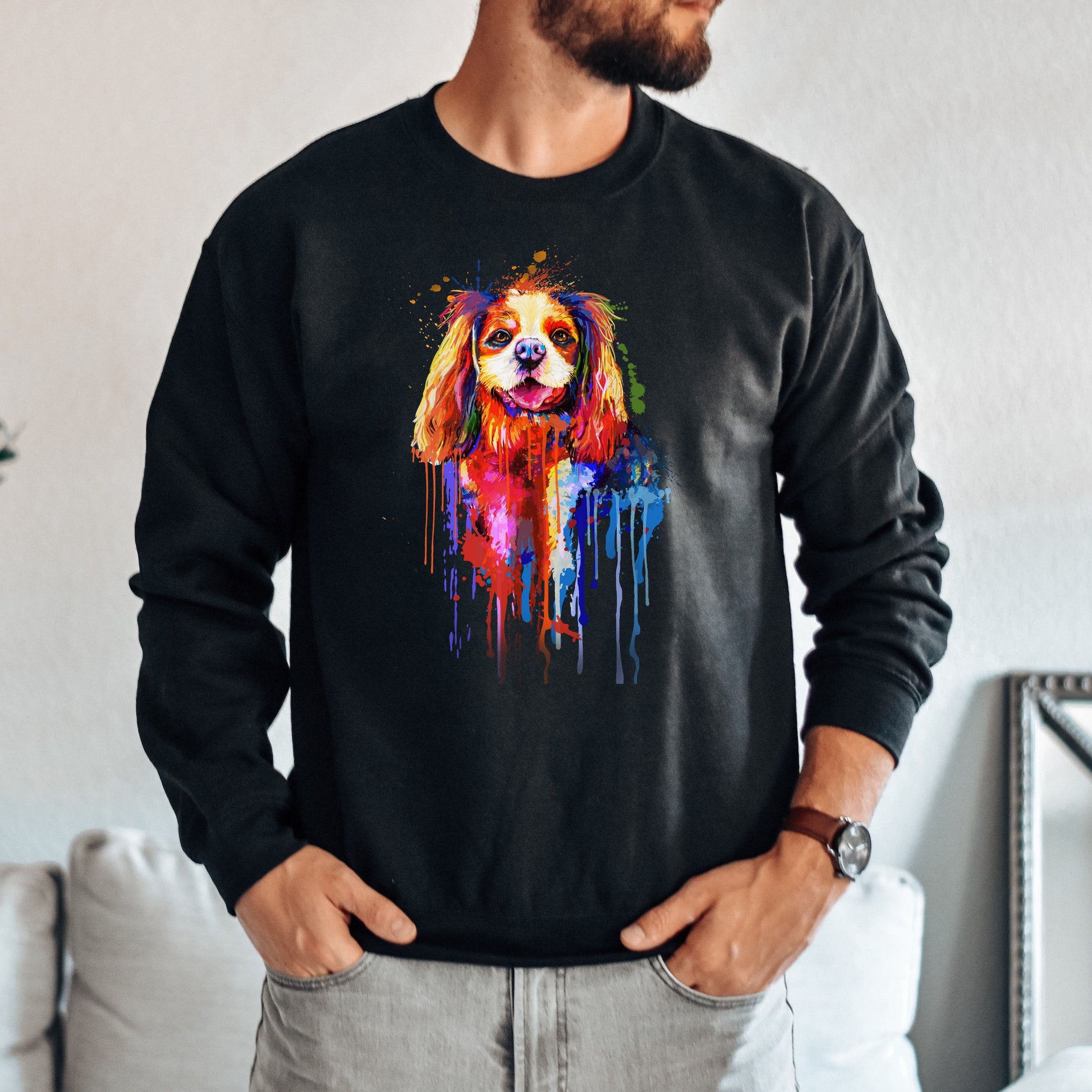 Abstract Cavalier dog Unisex Crewneck Sweatshirt with expressive splashes-Family-Gift-Planet