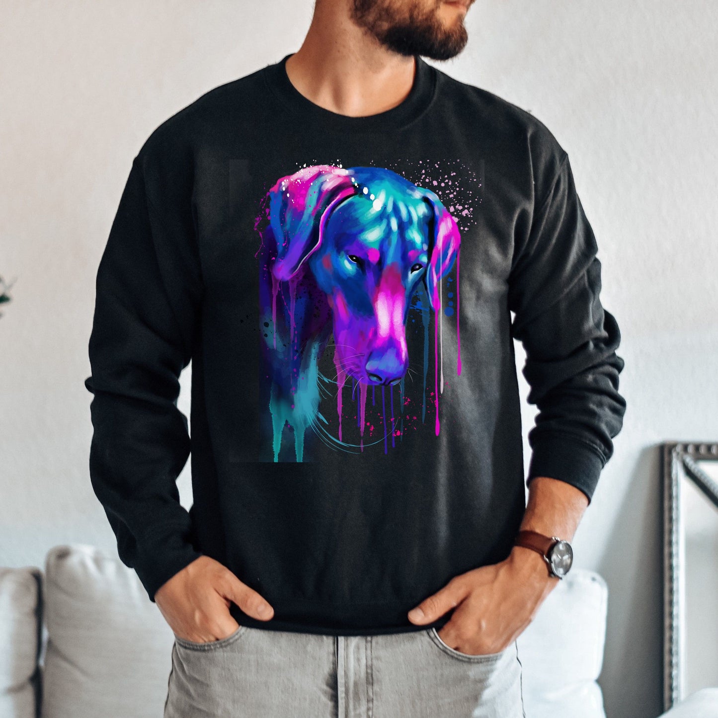 Neon pink and purple Splash Art Doberman dog Unisex Crewneck Sweatshirt-Family-Gift-Planet