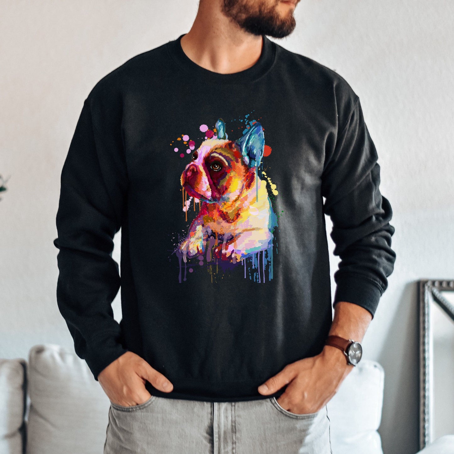 Abstract French bulldog dog Unisex Crewneck Sweatshirt with expressive splashes-Family-Gift-Planet